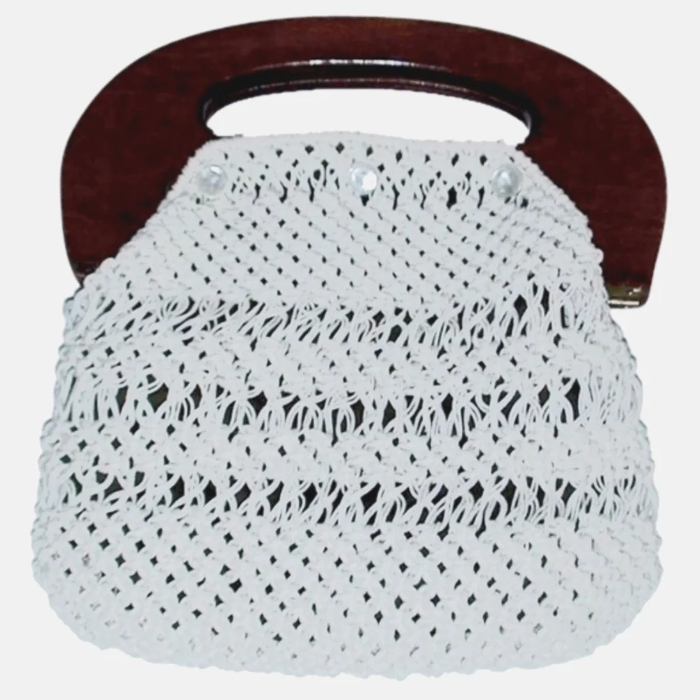Vintage 1980's Handbag Macrame with Wooden Handle, Rare Vintage